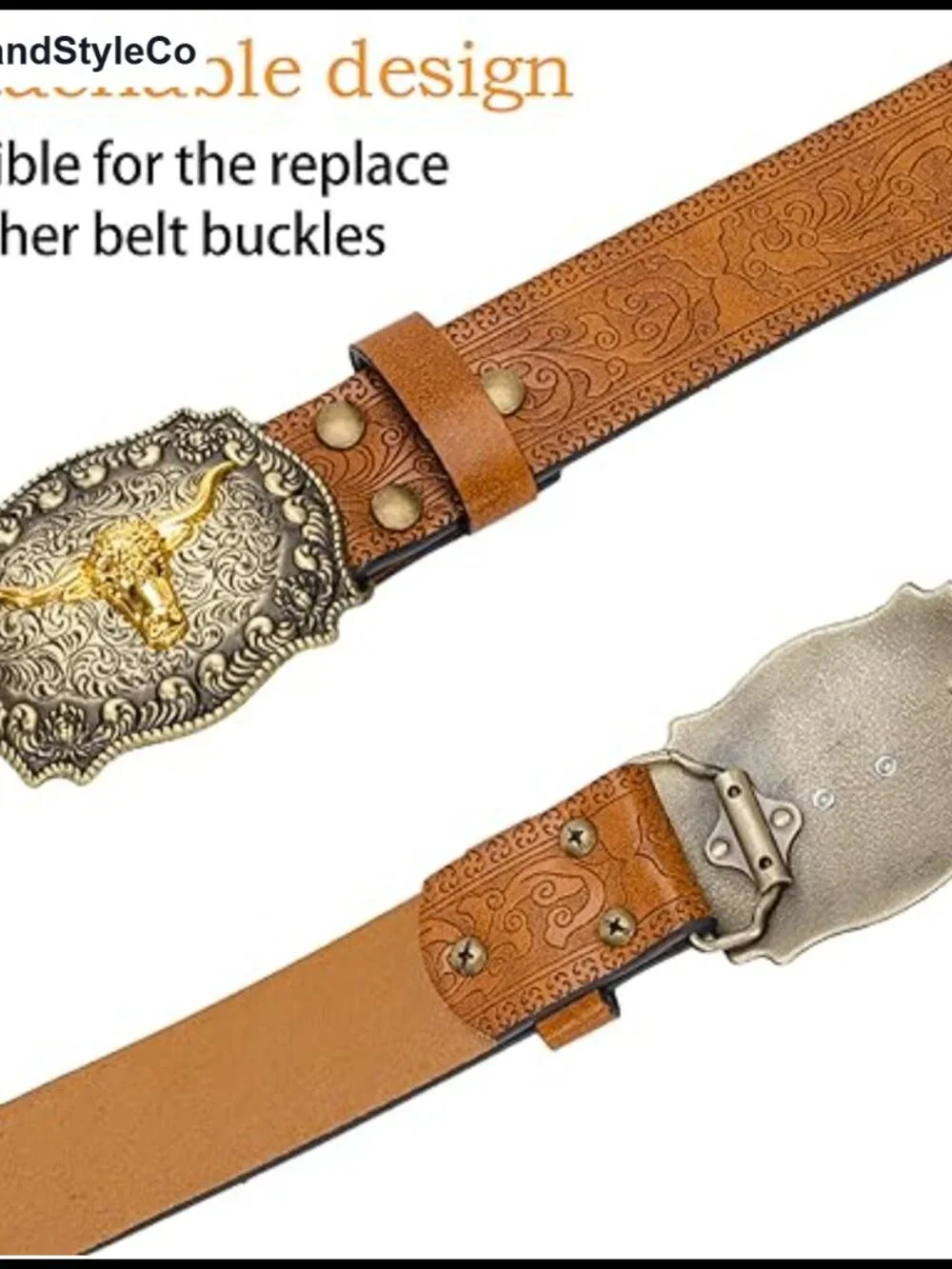 Vintage Floral Engraved Western Belt Bull Head Buckle PU Leather Waist Belt